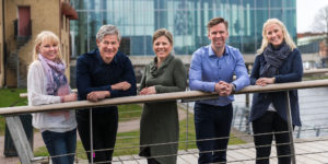 Är/vill bli kund huvudbild där Charlotte Falk, Jan Carlsson, Jessica Herrlin, Linda Sturesson och Stefan Svensson står på bron vid Halmstad Bibliotek och tittar mot Nissastrand